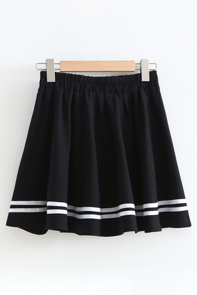 Cool Cute Black Elastic Rise Striped Print Pleated Mini A-Line Skirt for Girls