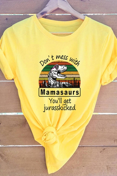 Cool Fancy Girls Roll-Up Sleeve Round Neck Letter DON'T MESS WITH MAMASAURS Dinosaur Graphic Relaxed Fitted Tee