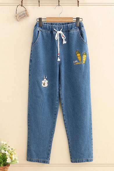 Cute Casual Girls' Drawstring Waist Letter LITTLE CARROTS Carrot Rabbit Embroidery Ankle Tapered Fit Jeans