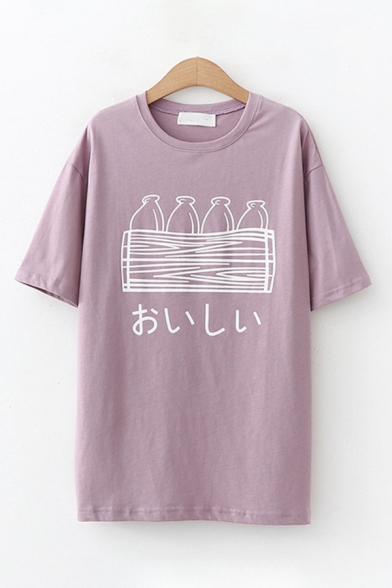Cute Kawaii Short Sleeve Round Neck Japanese Letter Bottle Graphic Loose T Shirt for Girls