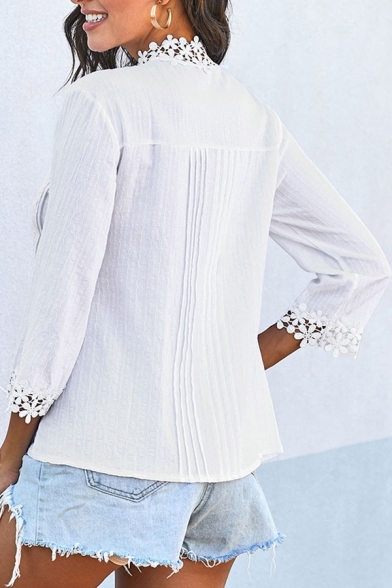 Elegant Ladies' Plain Long Sleeve V-Neck Floral Embroidery Lace Panel Button Down Fit Shirt Top