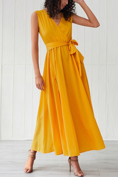 Elegant Popular Solid Color Sleeveless Surplice Neck Bow Tie Waist Maxi Pleated Flowy Dress for Women