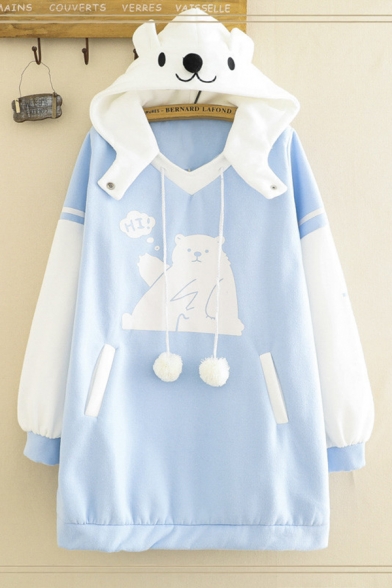 Fashionable Women's Long Sleeve Drawstring Pom Pom Bear Graphic Color Block Relaxed Long Bear Ear Hoodie in Blue