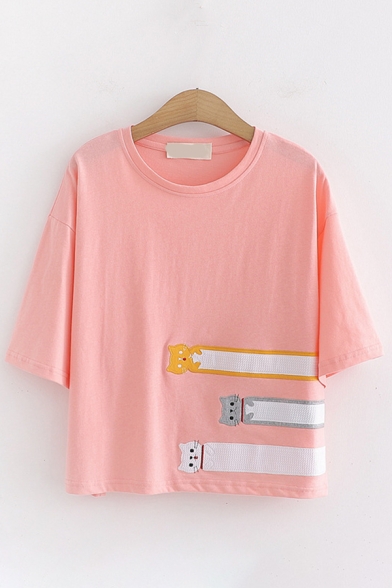 Harajuku Girls Bell Sleeve Round Neck Cat Embroidered Loose Fit Crop T Shirt