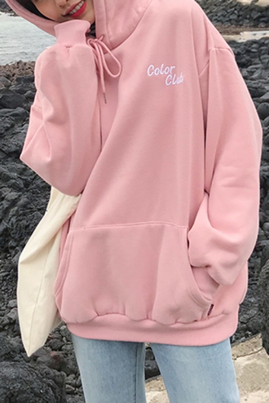 Korean Style Girls' Long Sleeve Drawstring Color Club Letter Oversize Hoodie with Pocket