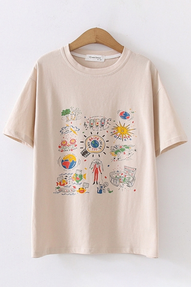 

Leisure Summer Womens Short Sleeve Round Neck Cattoon Mix Printed Relaxed Fit Tee Top, White;khaki, LC605064