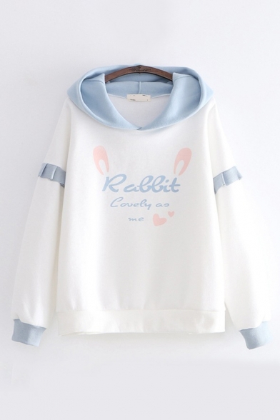 Lovely Fancy Girls' Long Sleeve Letter RABBIT Graphic Ruffle Patched Contrasted Loose Rabbit Ears Hoodie