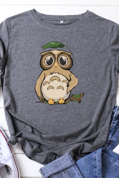 New Trendy Roll-Up Sleeve Round Neck Owl Pattern Relaxed Tee Top for Girls
