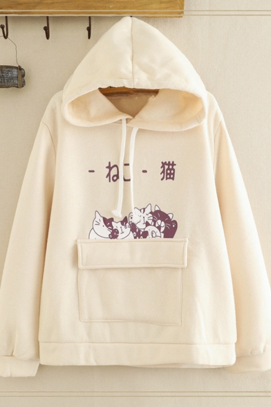 Preppy Girls Long Sleeve Drawstring Japanese Letter Cat Printed Flap Pocket Loose Fit Graphic  Hoodie