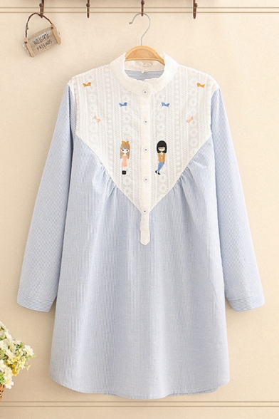 Preppy Girls' Long Sleeve Stand Collar Cartoon Embroidered Lace Patched Stripe Printed Longline Loose Fit Shirt in Blue