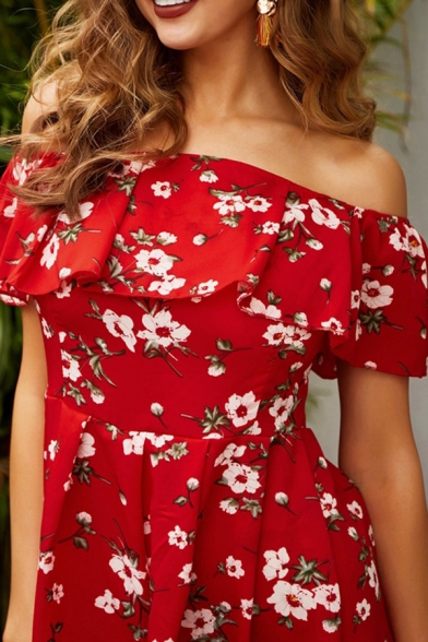 Red Boutique Off the Shoulder All Over Flower Pattern Short A-Line Dress for Women