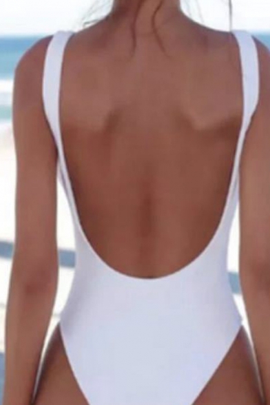 Sexy Girls Solid Color Sleeveless Scoop Neck Open Back Slim Fit Swimsuit