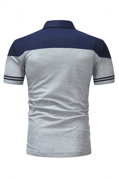 Simple Classic Short Sleeve Lapel Collar Button Up Striped Color Block Slim Fitted Polo Shirt for Guys