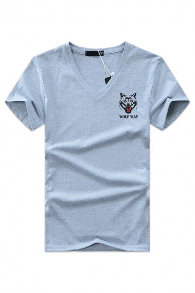 Simple Men's Short Sleeve V-Neck Letter WOLF WAY Wolf Graphic Fitted T Shirt