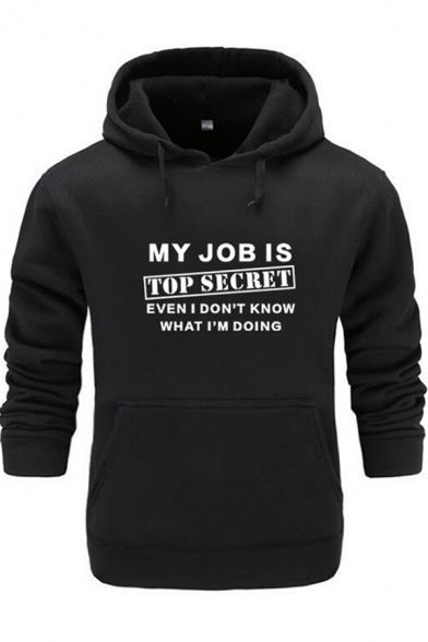 Street Boys Long Sleeve Drawstring Letter MY JOB IS TOP SECRET Printed Pouch Pocket Relaxed Hoodie