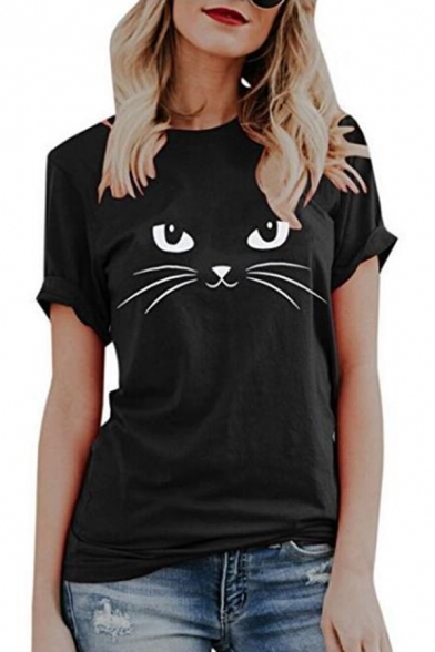 Trendy Girls Roll Up Sleeves Crew Neck Cat Printed Loose Fit T-Shirt