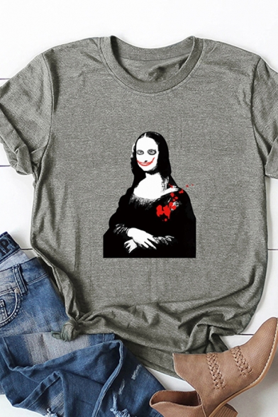 Whole-Sale Girls Roll Up Sleeve Crew Neck Scary Mona Lisa Printed Relaxed Fit T-Shirt
