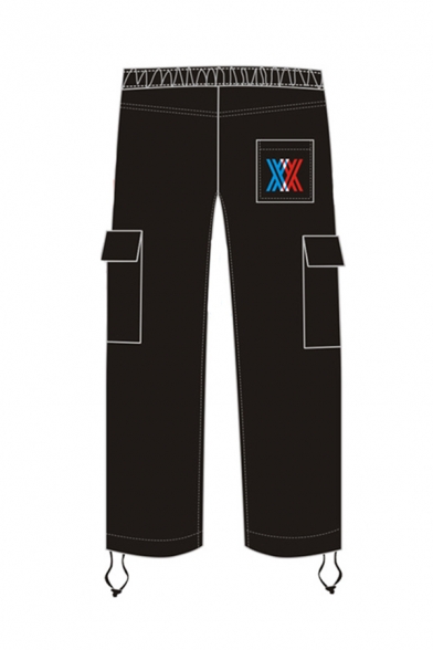 Black Cool Casual Long Sleeve Elastic Waist Flap Pockets Double X Print Drawstring Cuff Straight-Cut Jeans for Boys