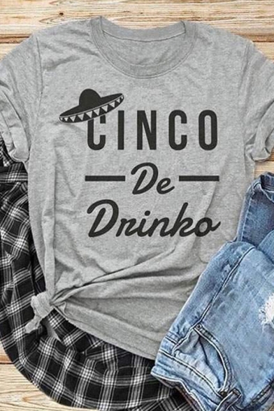 Casual Women's Short Sleeve Crew Neck Letter CINCO Printed Spaceship Print Slim Fit Shirt in Gray