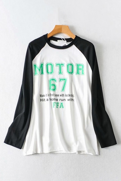 Classic Girls Long Sleeve Crew Neck Letter MOTOR 67 Printed Colorblocked Relaxed Fit T Shirt
