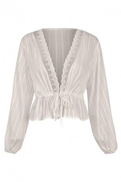 Cute White Long Sleeve Deep V-Neck Lace Trim Tied Waist Striped Sheer Shirt for Women