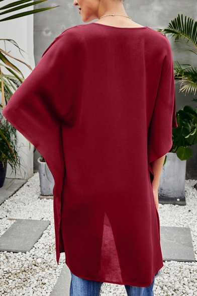 Designer Elegant Ladies' Batwing Sleeves V-Neck High Low Hem Solid Color Oversize Shirt