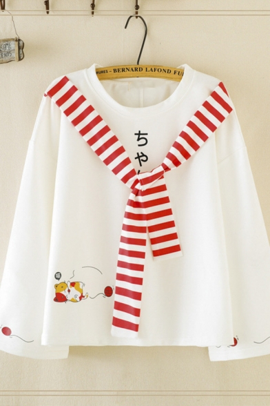 Fancy Chic Women's Long Sleeve Crew Neck Japanese Letter Cat Graphic Striped Tied Front Loose Pullover Sweatshirt