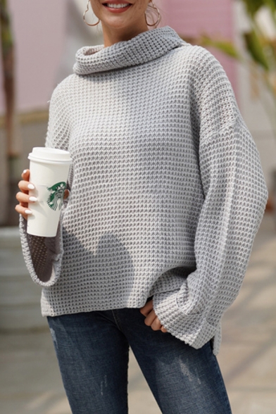 Fashionable Ladies' Street Long Sleeve Turtle Neck Waffle Knitted Oversize Plain Sweater Top