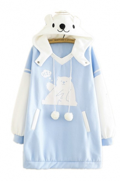 Fashionable Women's Long Sleeve Drawstring Pom Pom Bear Graphic Color Block Relaxed Long Bear Ear Hoodie in Blue