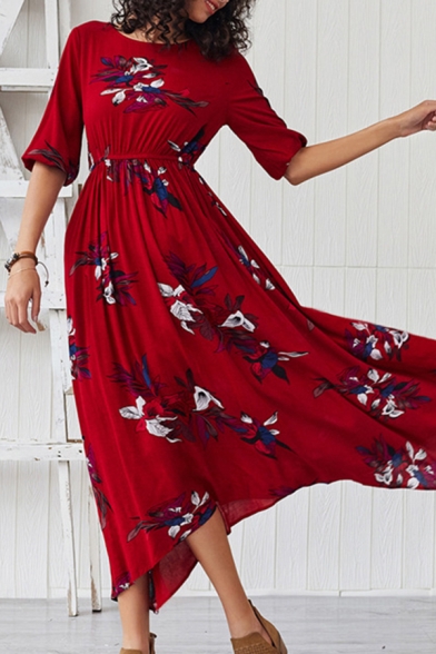 Gorgeous Ladies' Three-Quarter Sleeves Round Neck All Over Floral Print Maxi Pleated Flowy Dress in Burgundy