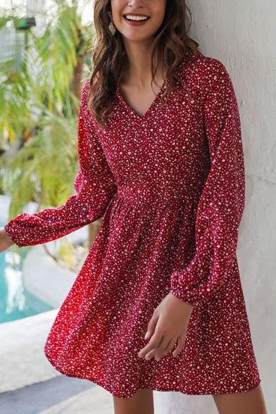 Gorgeous Womens Long Sleeve V-Neck All Over Flower Printed Short A-Line Dress in Red