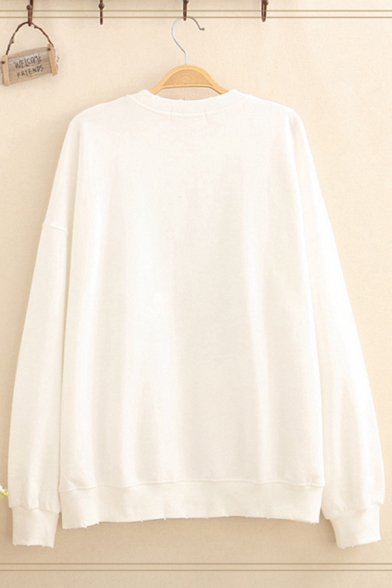 Kpop Girls' Long Sleeve Crew Neck Comic Printed Loose Fit Pullover Graphic Sweatshirt