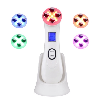 Led RF Needle Free Beauty Instrument 5 Color Lights EMS Electroporation Soothing Skin Care Beauty Instrument, Pink/White