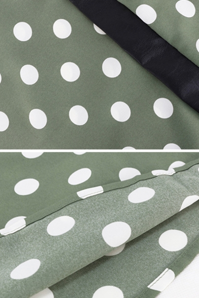 Leisure Fashion Girls Three-Quarter Sleeves V-Neck Polka Dot Printed Contrast Piped Mini Swing Dress