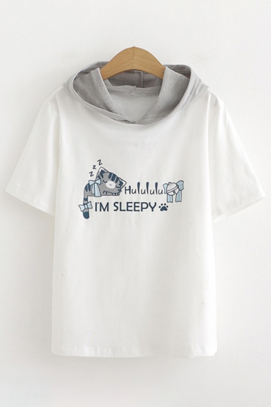 Leisure Fashion Short Sleeve Hooded Letter I'M SLEEPY Cat Graphic Contrasted Relaxed Fit White T Shirt for Girls