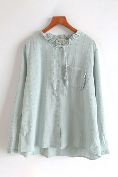 Leisure Trendy Ladies Plain Long Sleeve Round Neck Button Front Tied Stringy Selvedge Relaxed Shirt
