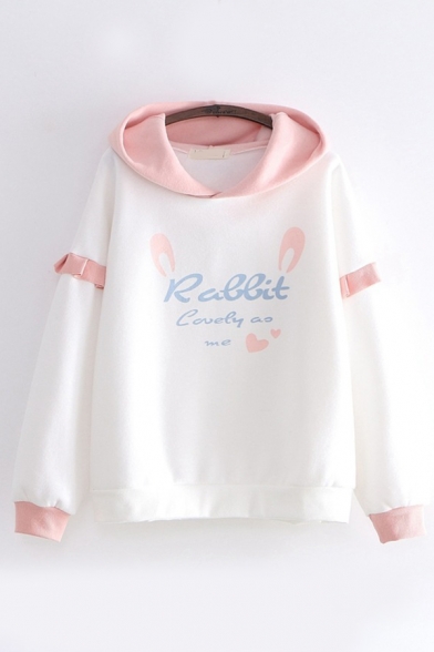 Lovely Fancy Girls' Long Sleeve Letter RABBIT Graphic Ruffle Patched Contrasted Loose Rabbit Ears Hoodie