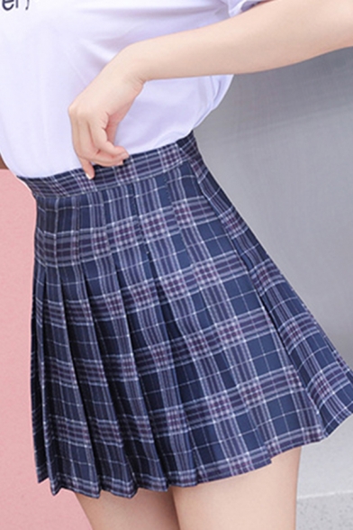 Lovely Ladies High Waist Plaid Patterned Mini Pleated A-Line Skirt
