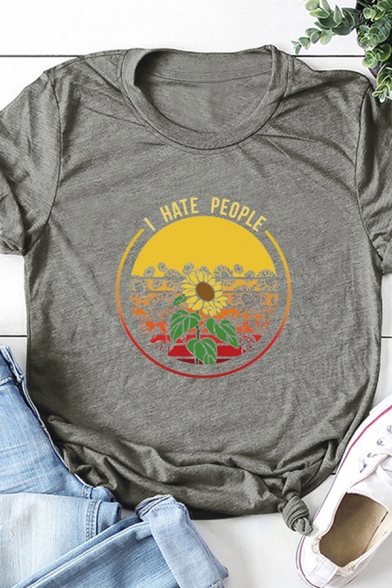 Novelty Womens Roll Up Sleeve Crew Neck Letter I HATE PEOPLE Sunflower Graphic Loose T Shirt