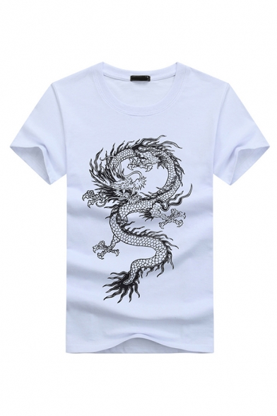 Popular Men's Short Sleeve Crew Neck Dragon Patterned Fitted Tee