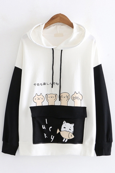 Popular Trendy Ladies Long Sleeve Hooded Drawstring Letter LUCKY Cat Graphic Flap Pocket Color Block Loose Cat Ear Hoodie