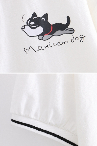 Preppy Girls Short Sleeve Lapel Neck Button Up Dog Print Letter MEXICAN DOG Graphic Contrast Piped Relaxed Crop Polo Shirt