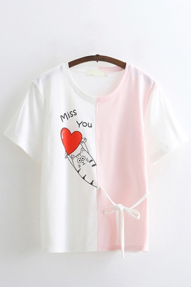 Preppy Girls Short Sleeve Round Neck Letter MISS YOU Heart Cat Graphic Bow Tie Colorblock Relaxed Fit T Shirt