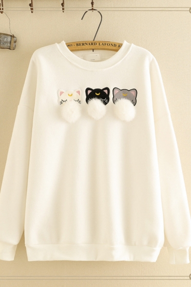 Simple Girls' Long Sleeve Crew Neck Cat Embroidered Pom Pom Loose Fit Sweatshirt Top