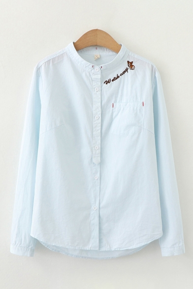 Simple Preppy Girls' Long Sleeve Stand Color Letter Printed Cartoon Graphic Button Front Loose Shirt