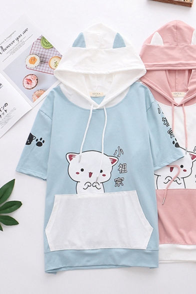 Trendy Girls Short Sleeve Drawstring Chinese Letter Cartoon Print Pouch Pocket Color Block Relaxed Hooded Tee