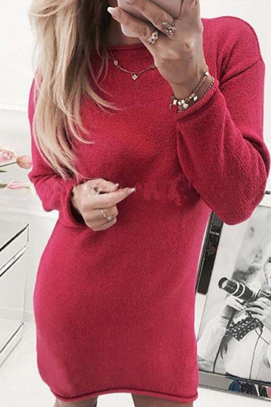 Trendy Solid Color Long Sleeve Crew Neck Rolled Edge Knitted Mini Shift Dress for Ladies