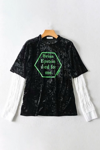 Unique Girls Long Sleeve Crew Neck Letter BRIAN EPSTEIN DIED FOR ME Printed Velvet Relaxed T Shirt