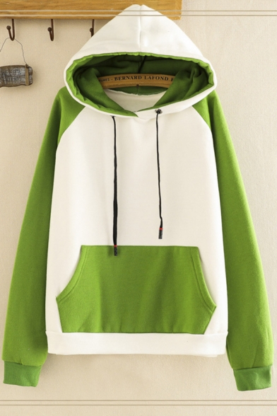 Unique Ladies' Long Sleeve Drawstring Color Block Pouch Pocket Relaxed Hoodie