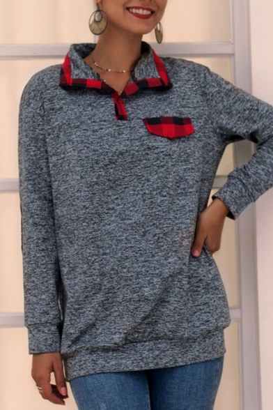 Casual Classic Long Sleeve Stand Color Plaid Pattern Panel Relaxed Fit Pullover Sweatshirt in Dark Gray